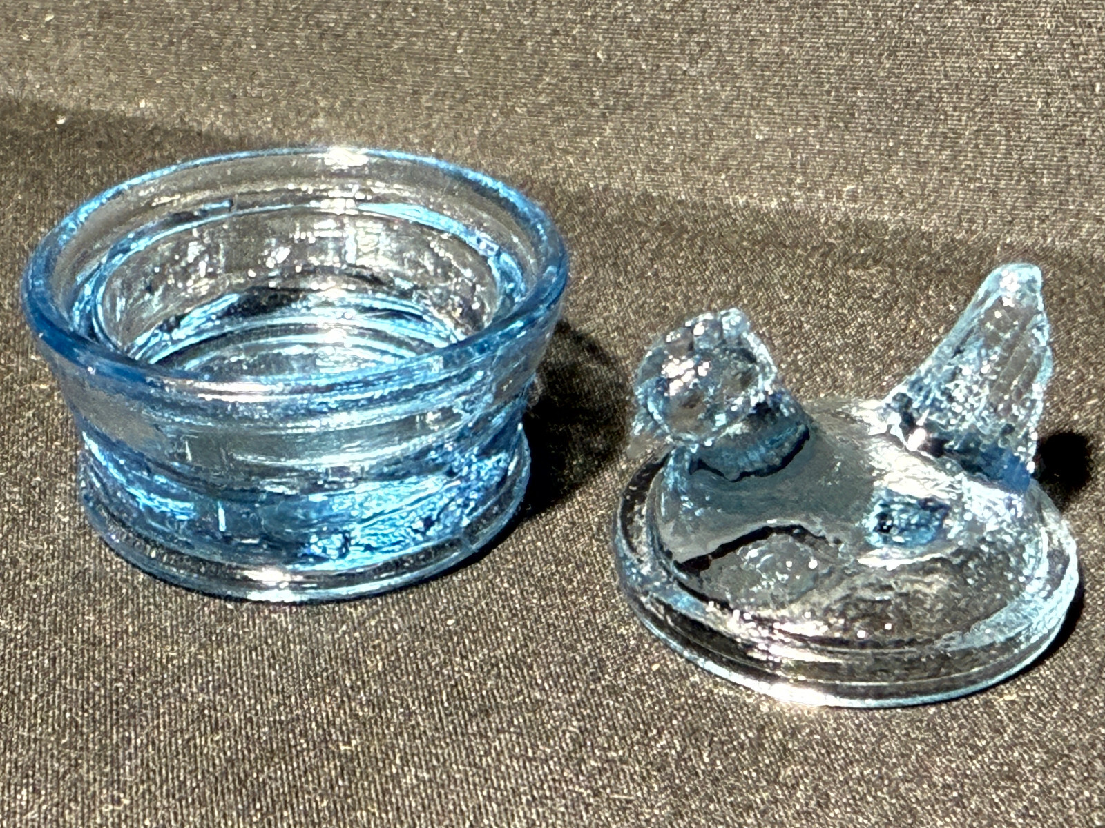 Blue Vaseline uranium glass Hen Chicken on nest basket eggs / salt cellar orange