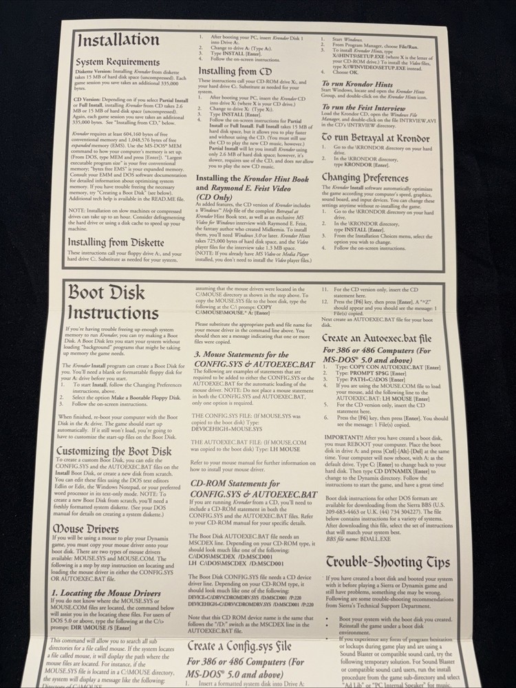 Krondor Map Installation & Reference Guide Vintage Pc Video Game Dynamix ￼