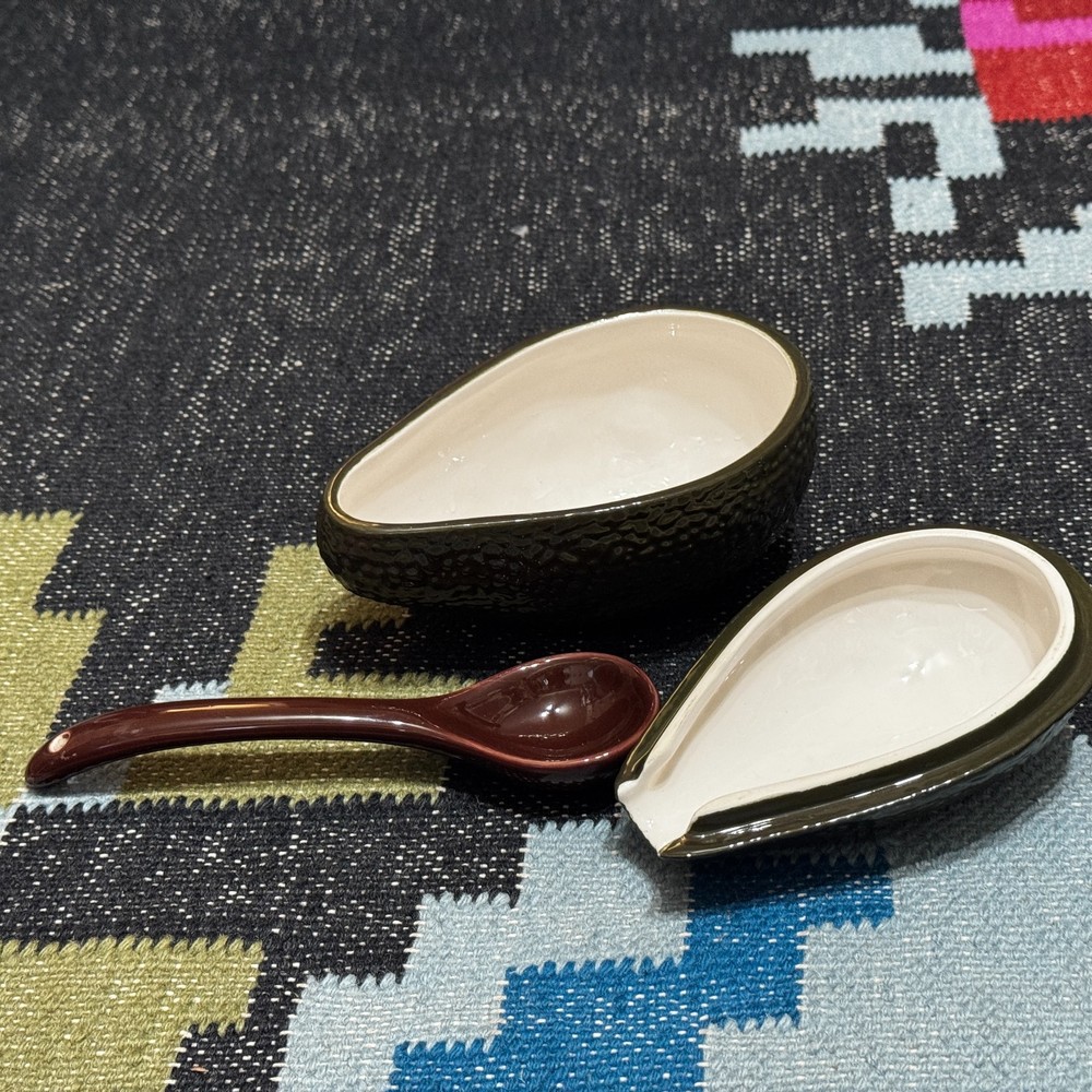 Avocado Shaped Lidded Ceramic Dish with Serving Spoon
