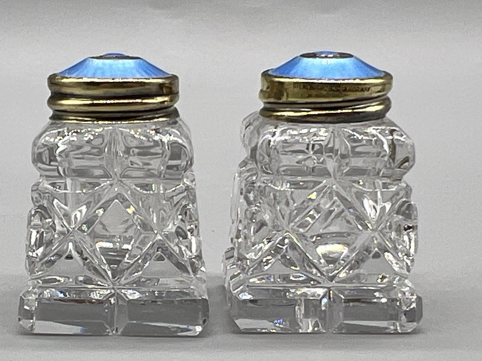 2 VTG Norway Sterling Silver Blue Guilloche Lids & Glass Salt Pepper Shakers