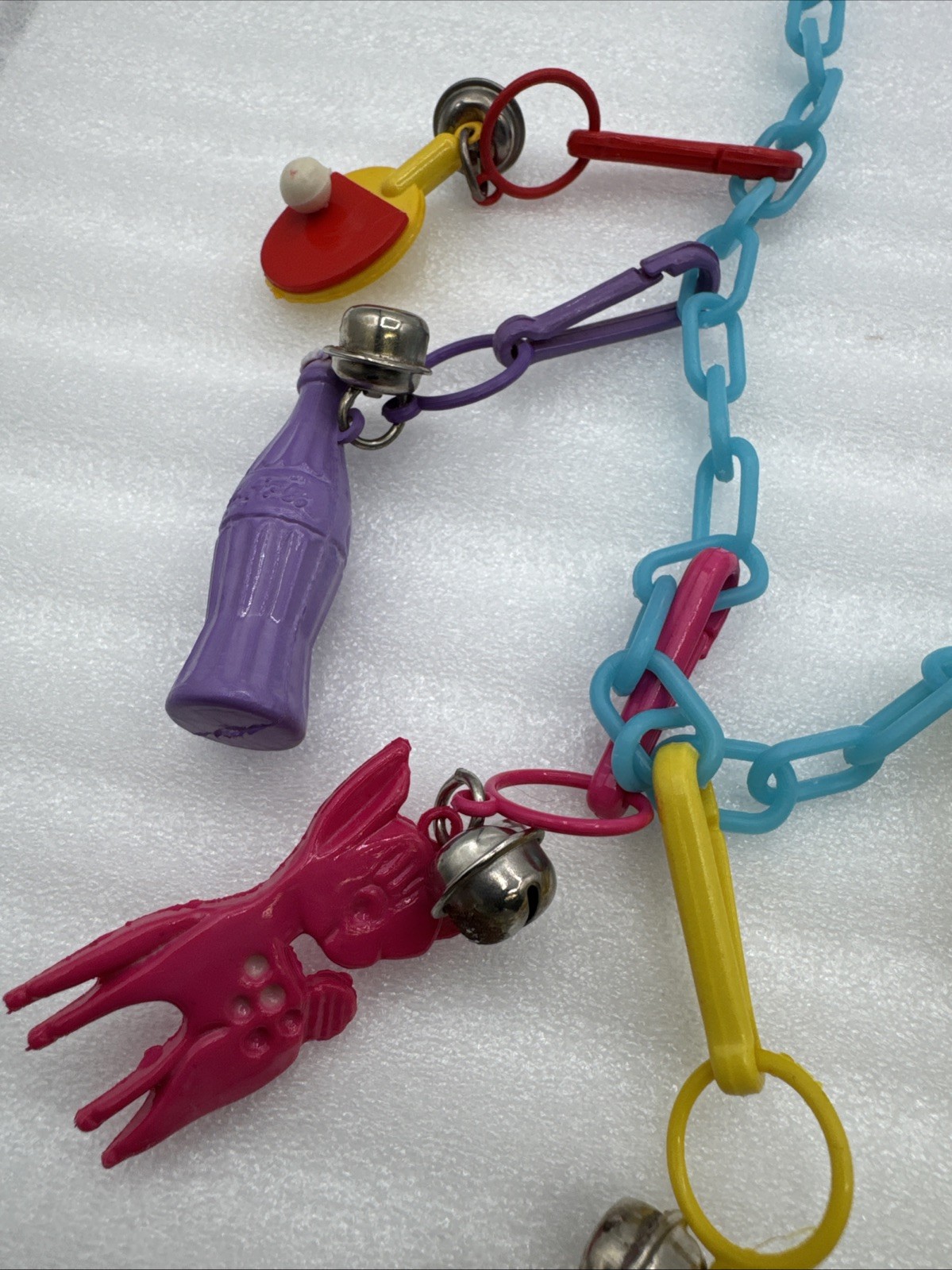 Vintage 1980's Plastic Bell Charm Clip Necklace w 2 Chains and 34 Charms.