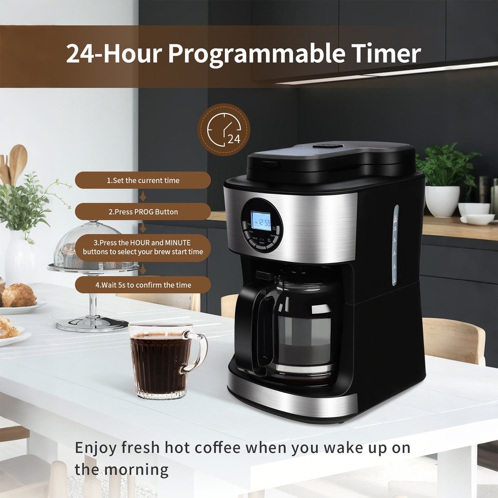 Coffee Maker with Grinder 12 Cups, Programmable Grind and Brew Coffee