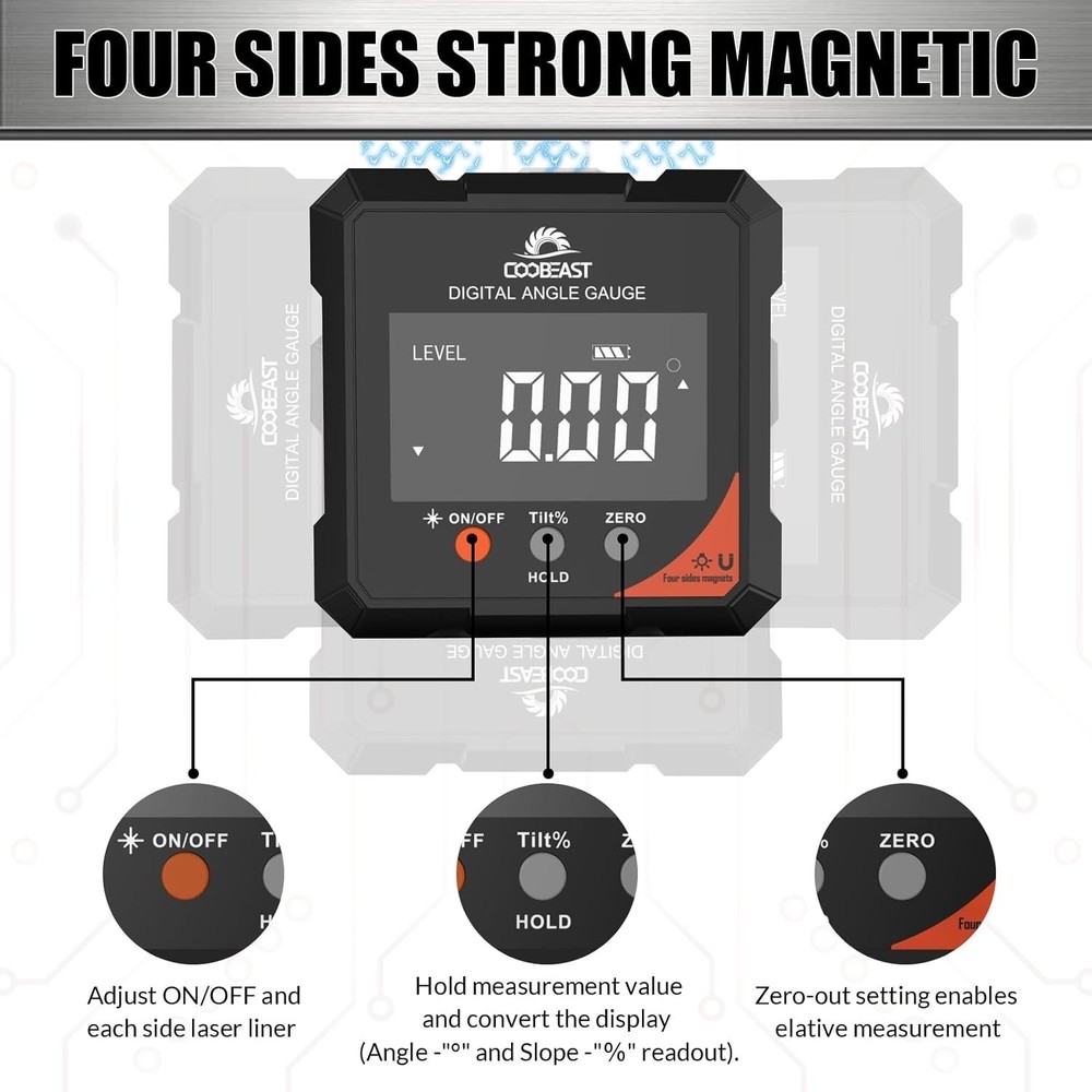 Precision Magnetic Digital Angle Finder with Laser - Rechargeable, Compact Tool