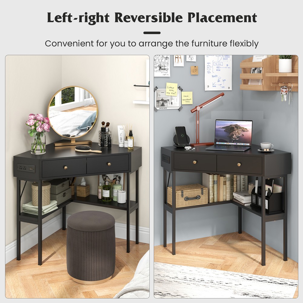 Costway Corner Computer Desk Writing Workstation Study Desk w/ 2 Drawers Black