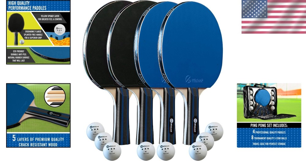 Professional Ping Pong Paddle Collection - 4 Rackets, Balls