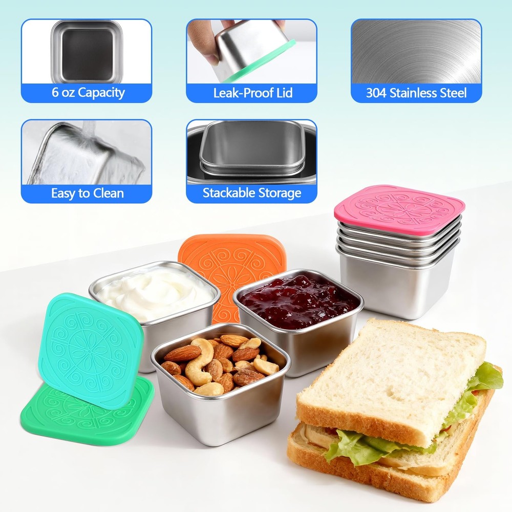 6 Pack Stainless Steel Snack Containers - 6oz Reusable & Small Containers Wit...