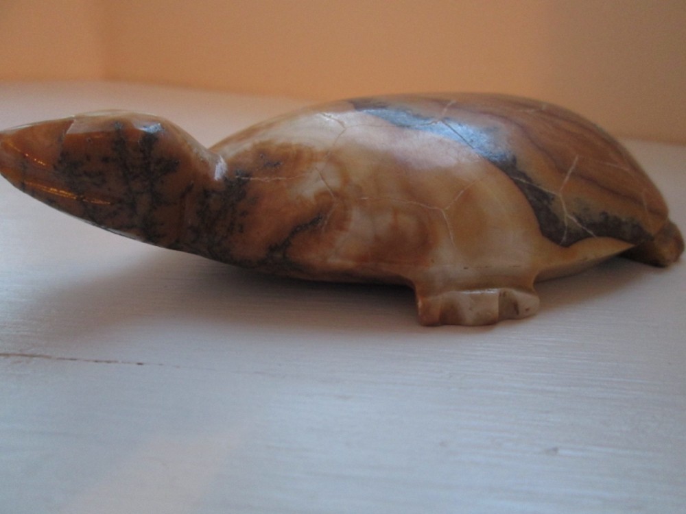Solid Stone Turtle Figurine Hand Carved 6" Long