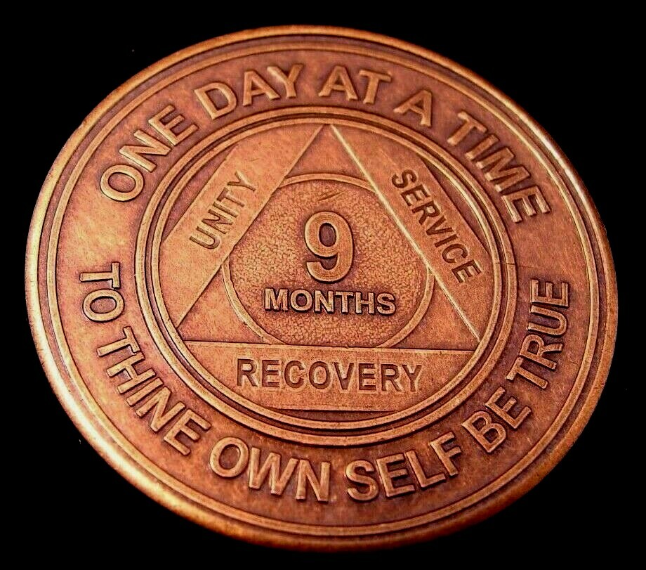 Alcoholics Anonymous AA 9 Month Bronze Medallion Token Chip Sober