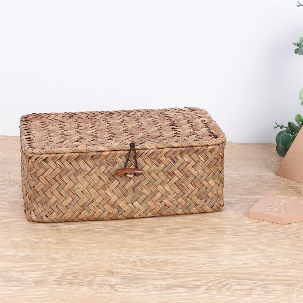 FEIALNDUO Wicker Shelf Baskets with Lid,Seagrass Storage Basket Bins Rectangular