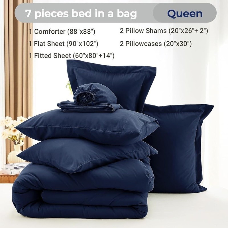 Queen Comforter Set Ultra Soft Microfiber 7 Piece Bedding Down Alternative Navy