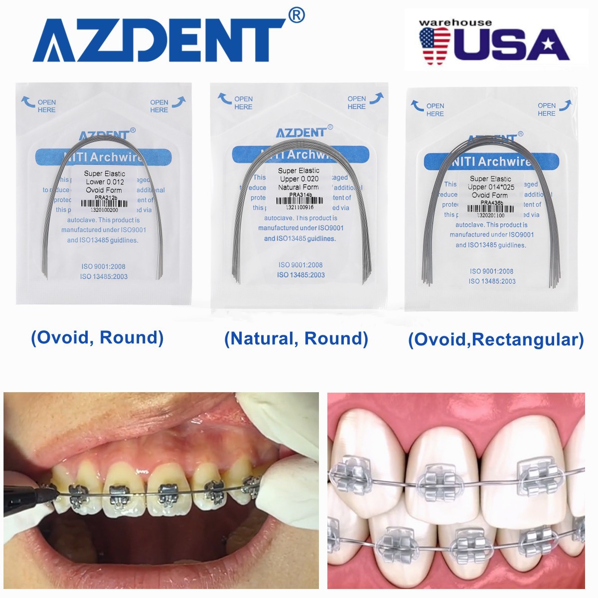 AZDENT Dental Orthodontic Arch Wire Super Elastic NiTi Ovoid Round Rectangular