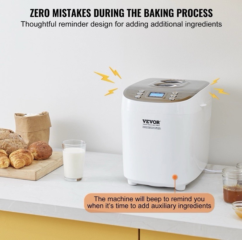 VEVOR 3LB 15-in-1 Bread Maker Automatic Compact Dough Machine Nonstick White