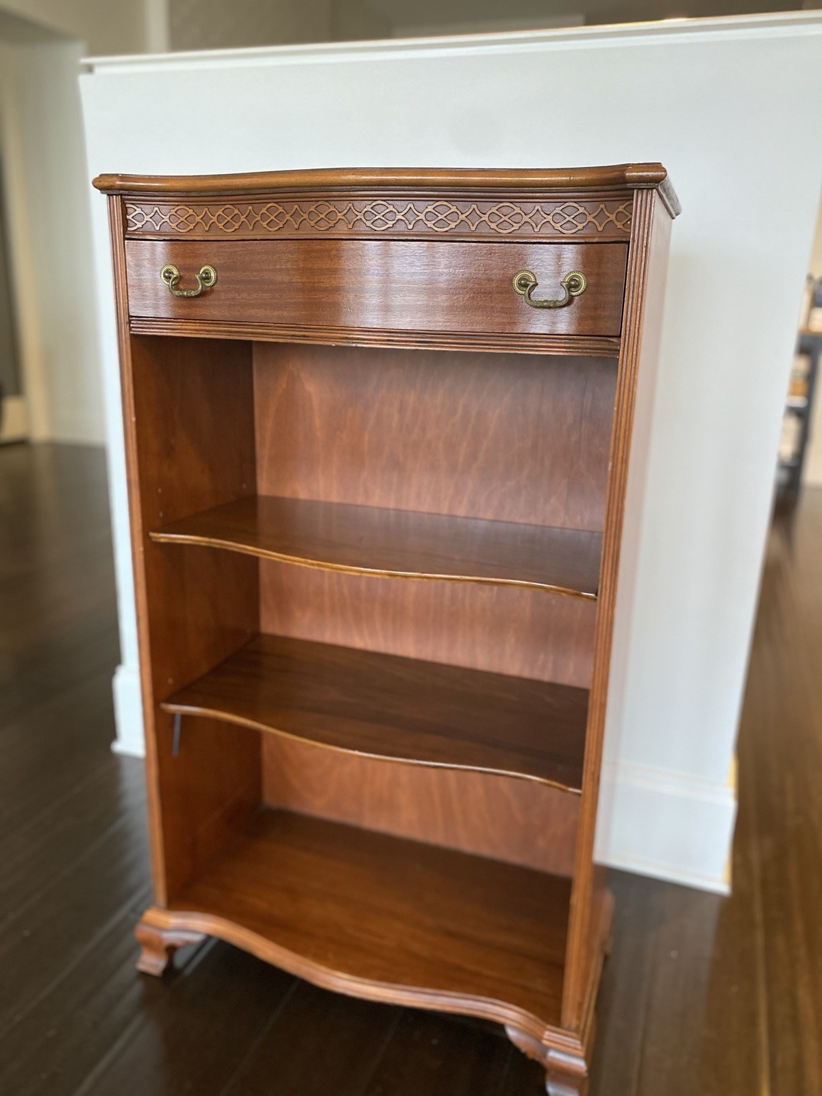 Wabash Antique Wooden Bookcase 3 Shelves Carved Details Brass Handles