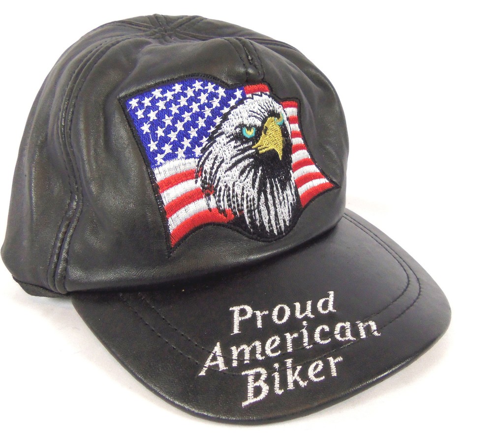Diamond Plate Solid Leather Adjustable Cap Proud American Bikers