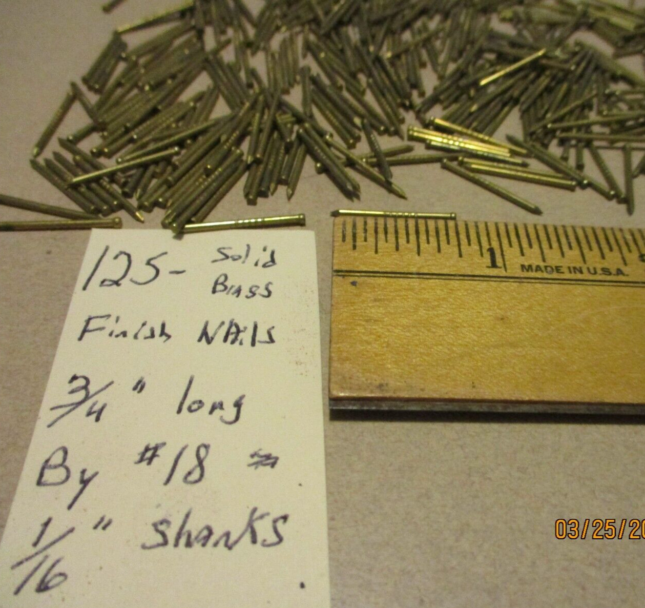 125 - ORIG. VINTAGE, 3/4" X  1/16" - SOLID BRASS FINISH NAILS MADE IN U.S.A.