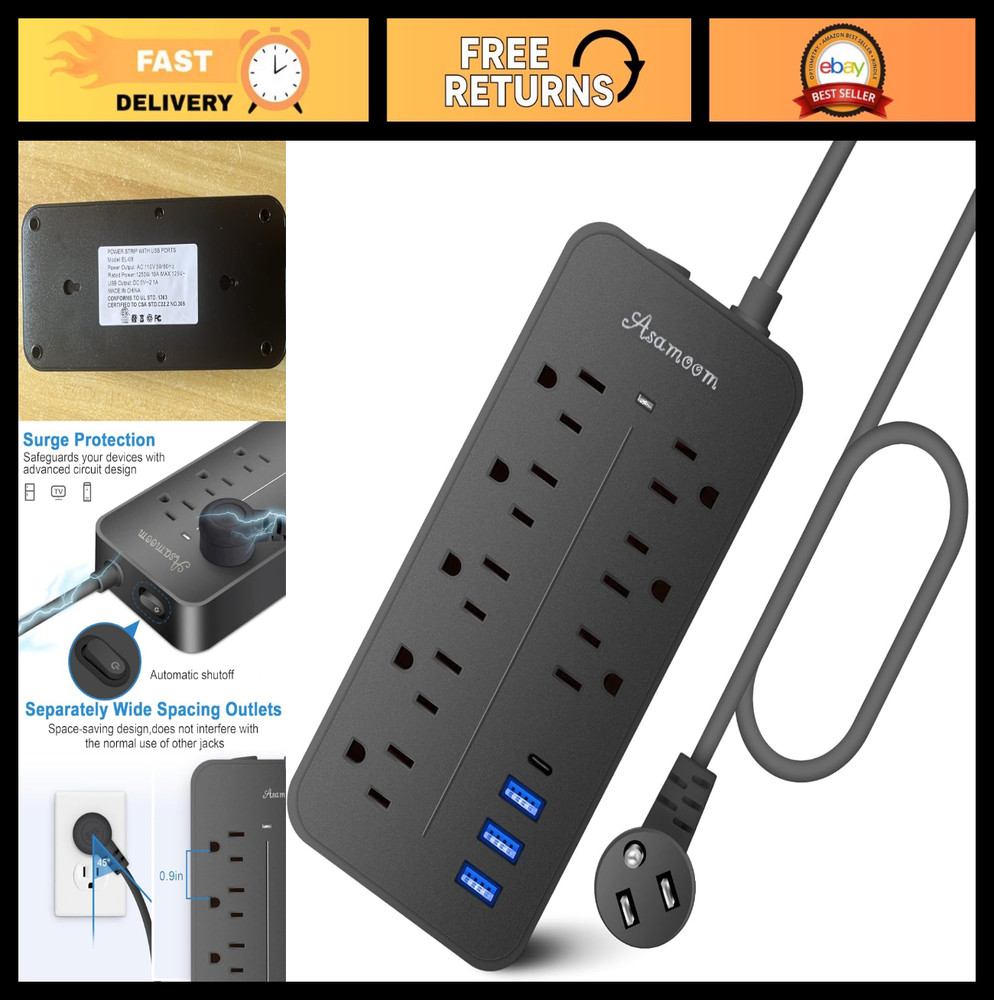 20FT Surge Protector Extension Cord with Flat Plug, 8 Outlets, 3 USB A & 1 USB-C