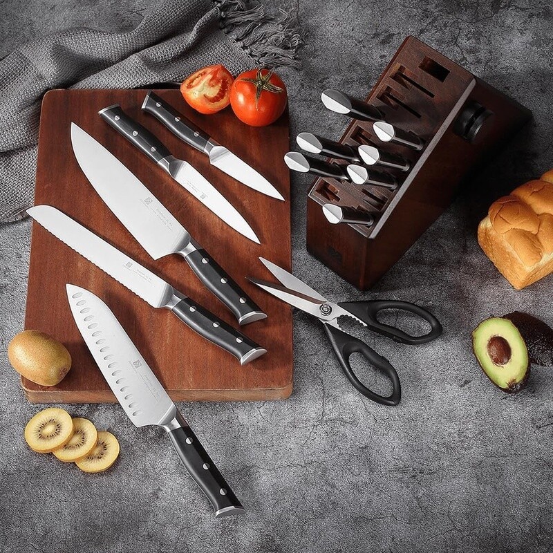 15 Pcs Kitchen Knife Set Stainless Steel Sharp Blades W/ Block Sharpener Silver