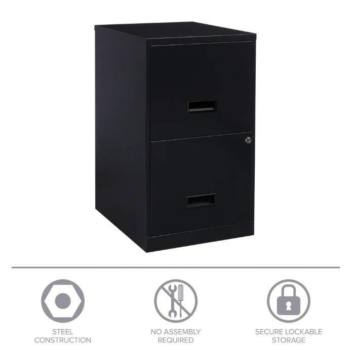 18" Deep 2 Drawer Letter Width Vertical File Cabinet, Secure Locking, Black