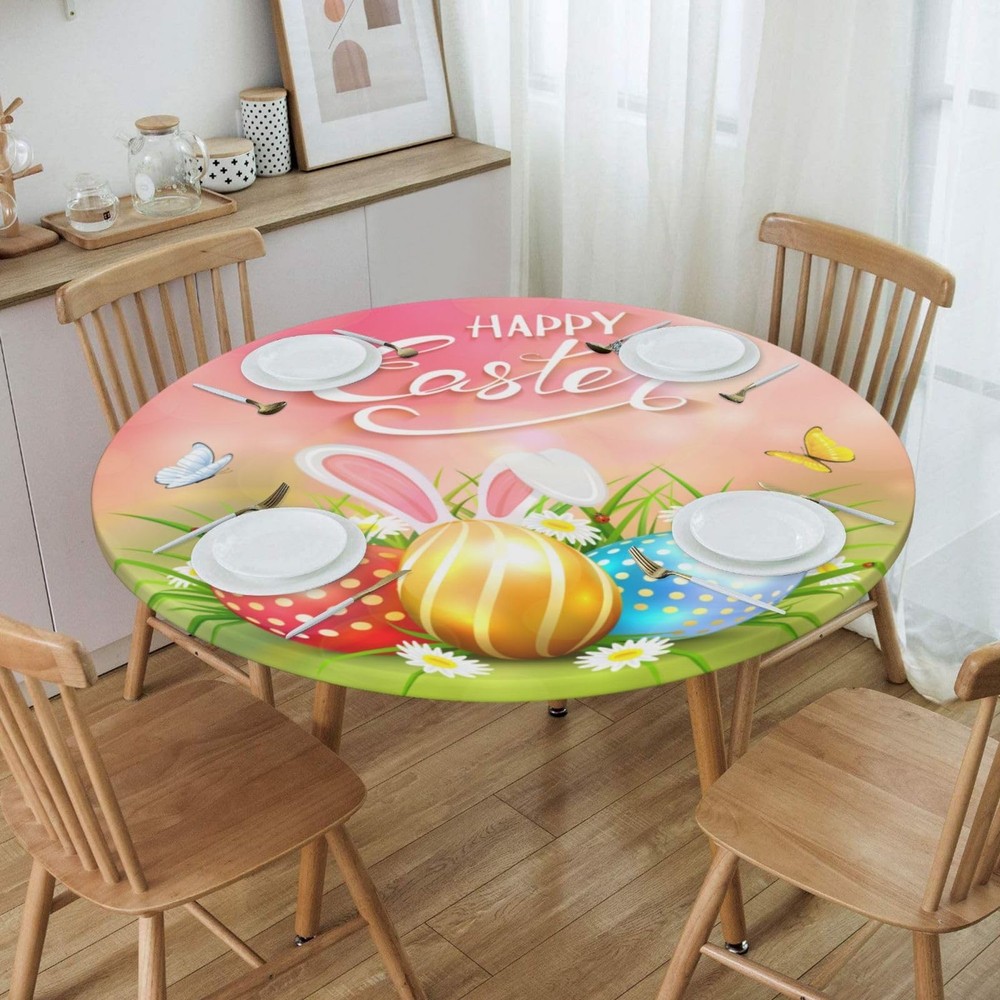 Easter Round Tablecloth with Elastic Edge, Easter Rabbit Egg Fitted Tableclot...