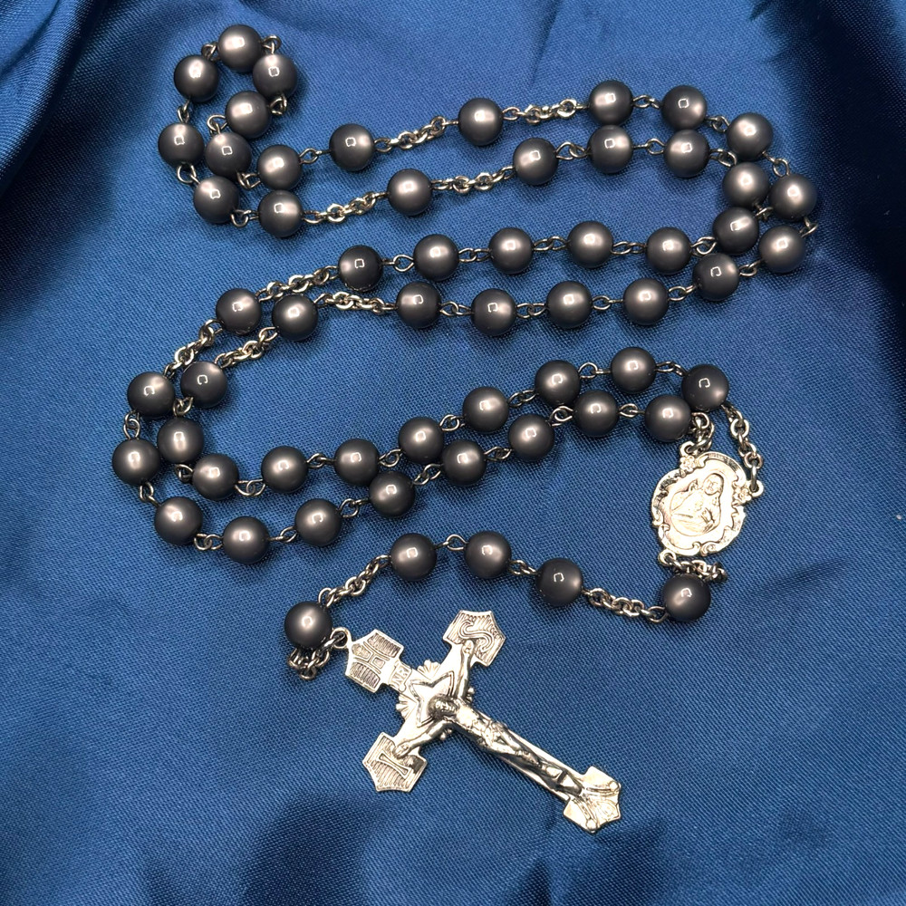 Vintage Sterling Silver Smokey Gray Moonglow Lucite Bead Catholic Rosary