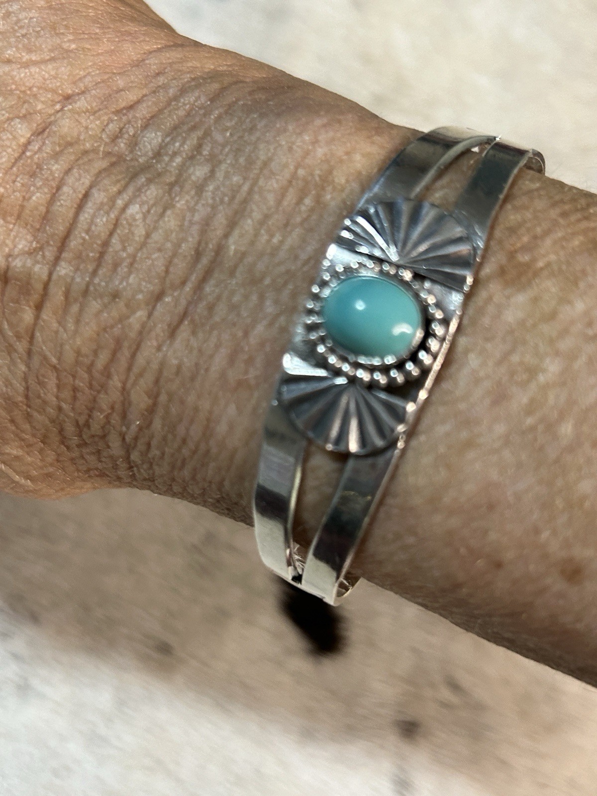 Turquoise & Sterling Silver Cuff Bracelet with Designs. Unmarked But Tested. 7"