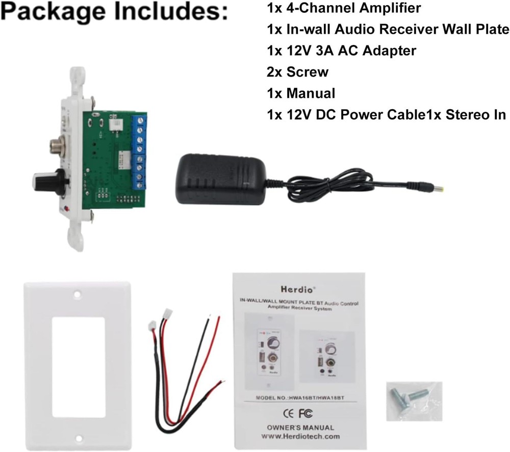 Herdio 4-Channels Bluetooth in Wall Amplifier Volume Control USB/MIC/AUX(3.5mm)