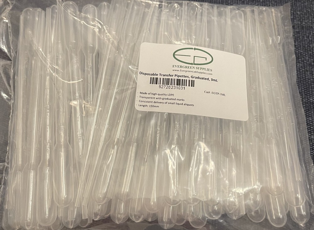 Disposable Pasteur Transfer Pipettes, Plastic, Graduated, 100pcs, 1mL