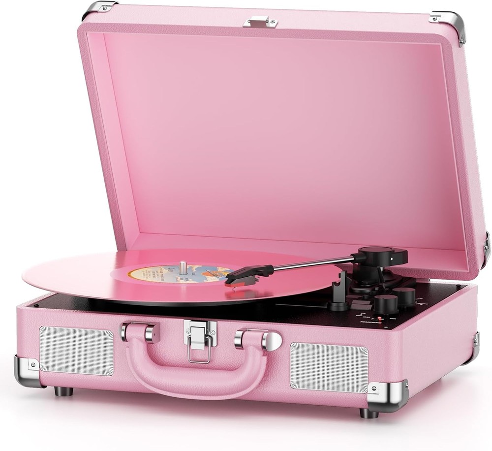 Vinyl Record Player 3 Speed Bluetooth Suitcase Portable Belt-Driven Turntable