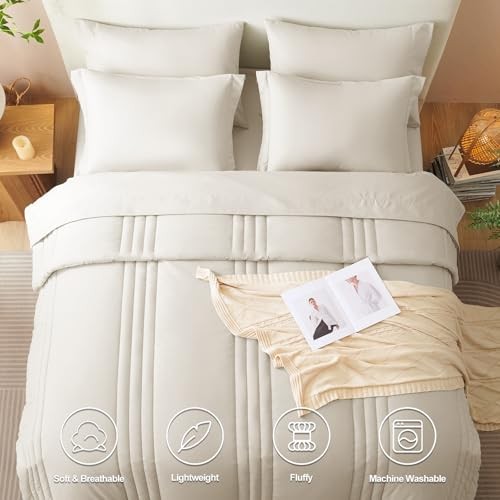 Size Comforter Sets - 7 Piece Bed in a Bag Comforter Set with Queen Beige