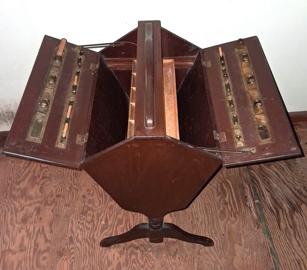 Vintage Wooden Standing Sewing Box w/Double-Hinged Lid & Tray includes thread, e