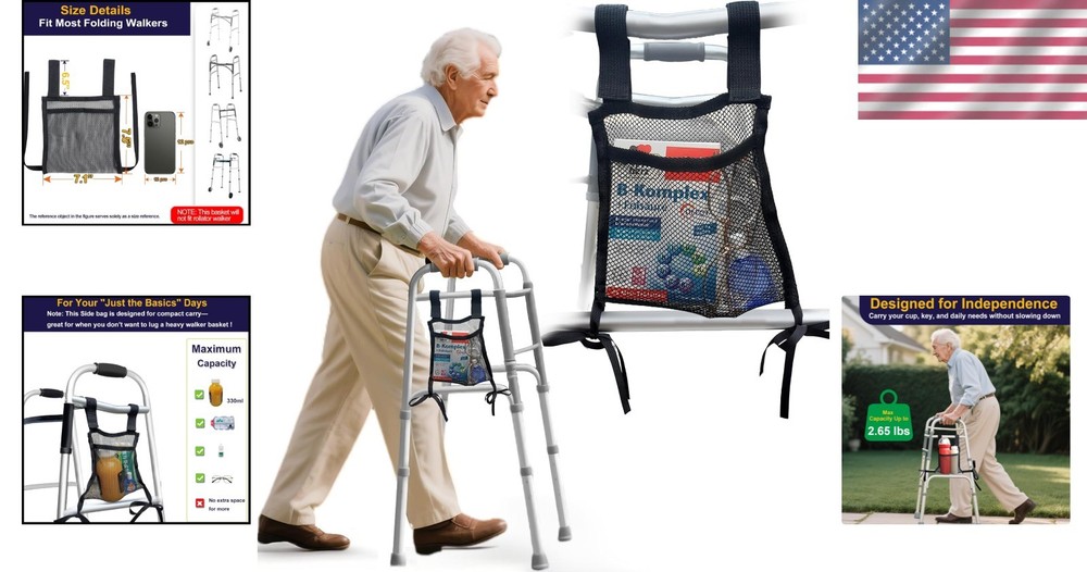 Lightweight Walker Side Bag Mesh Organizer for Essentials - Easy Attach Black