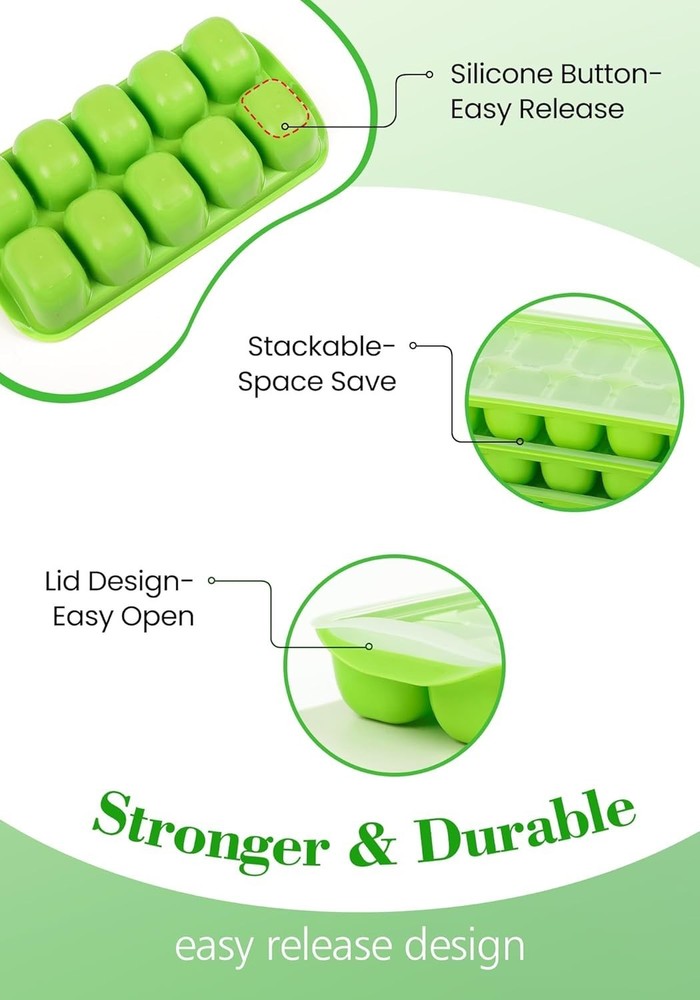 4 Pack Stackable Silicone Ice Cube Trays with Lids - BPA Free & Dishwasher Safe