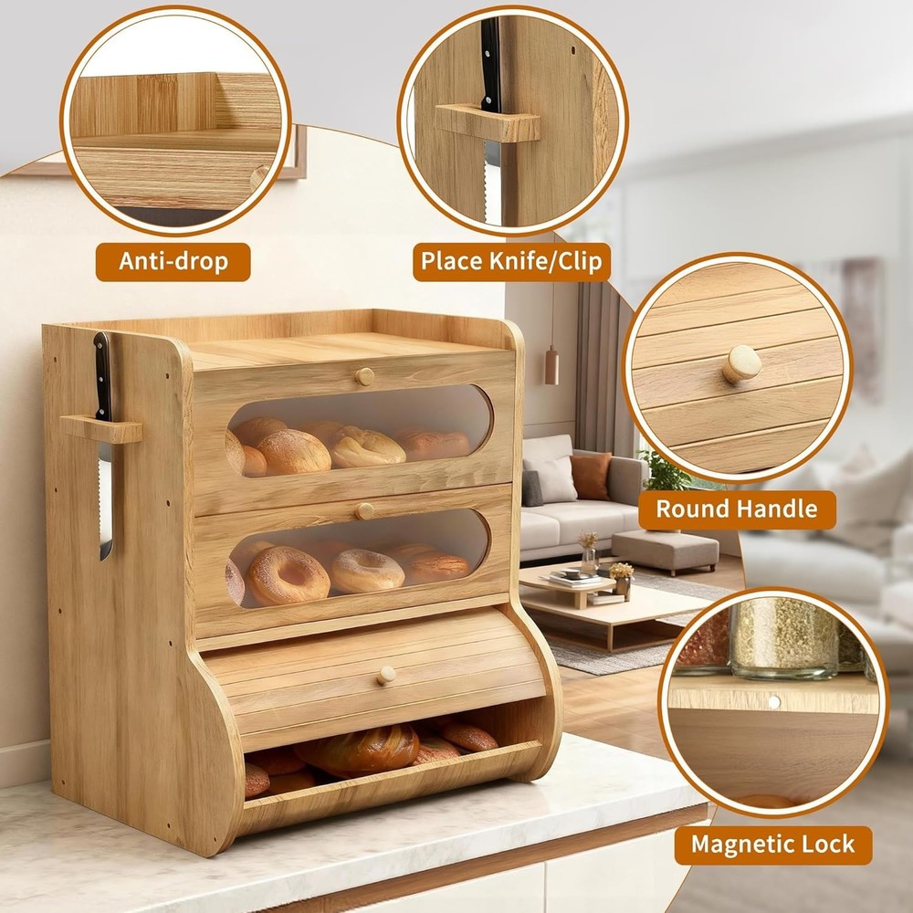 Bread Box for Kitchen Countertop, 3 Tier Large Capacity Breadbox, with Window, C
