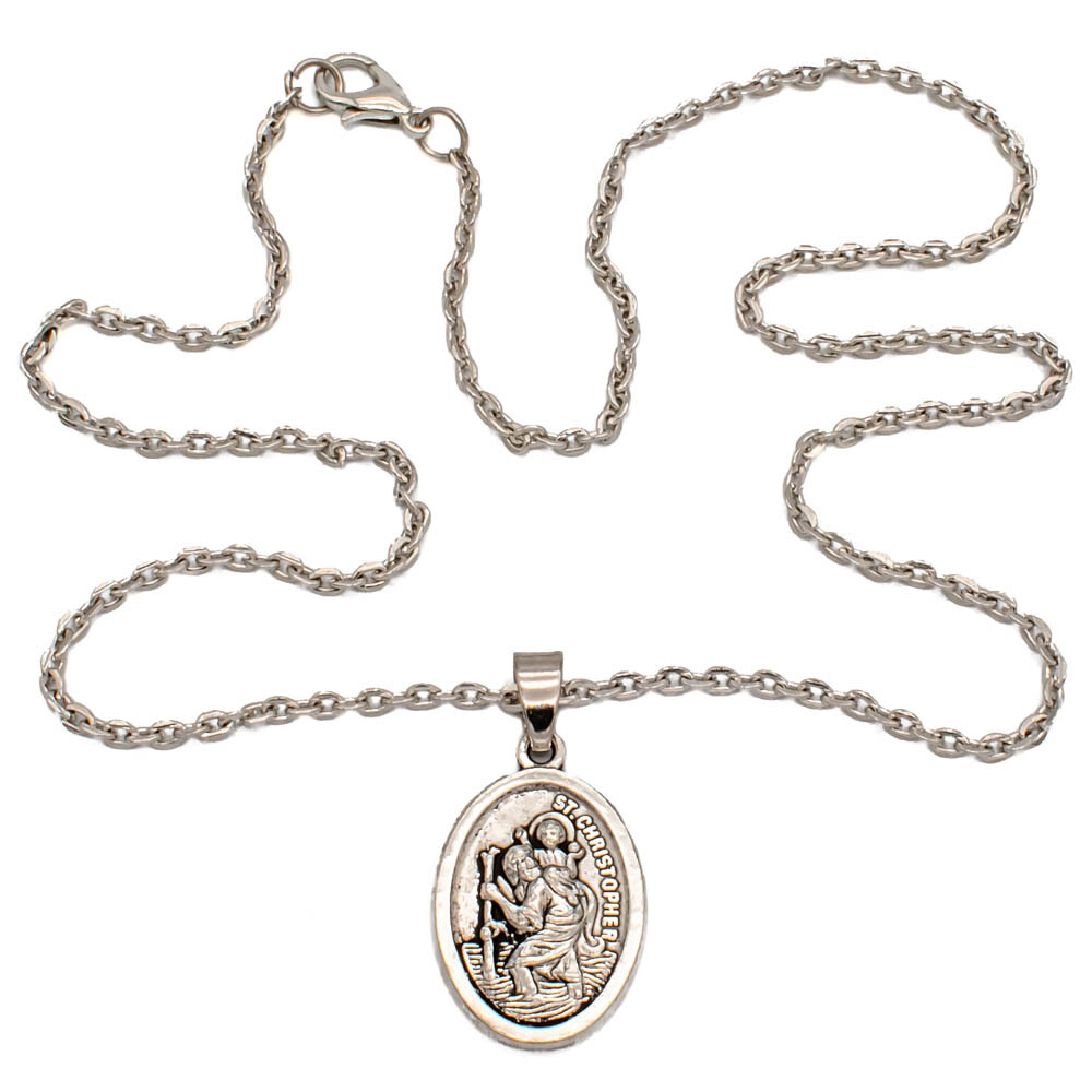 Saint St Christopher Protect Us Oval Silver Medal Pendant Necklace 18" Chain