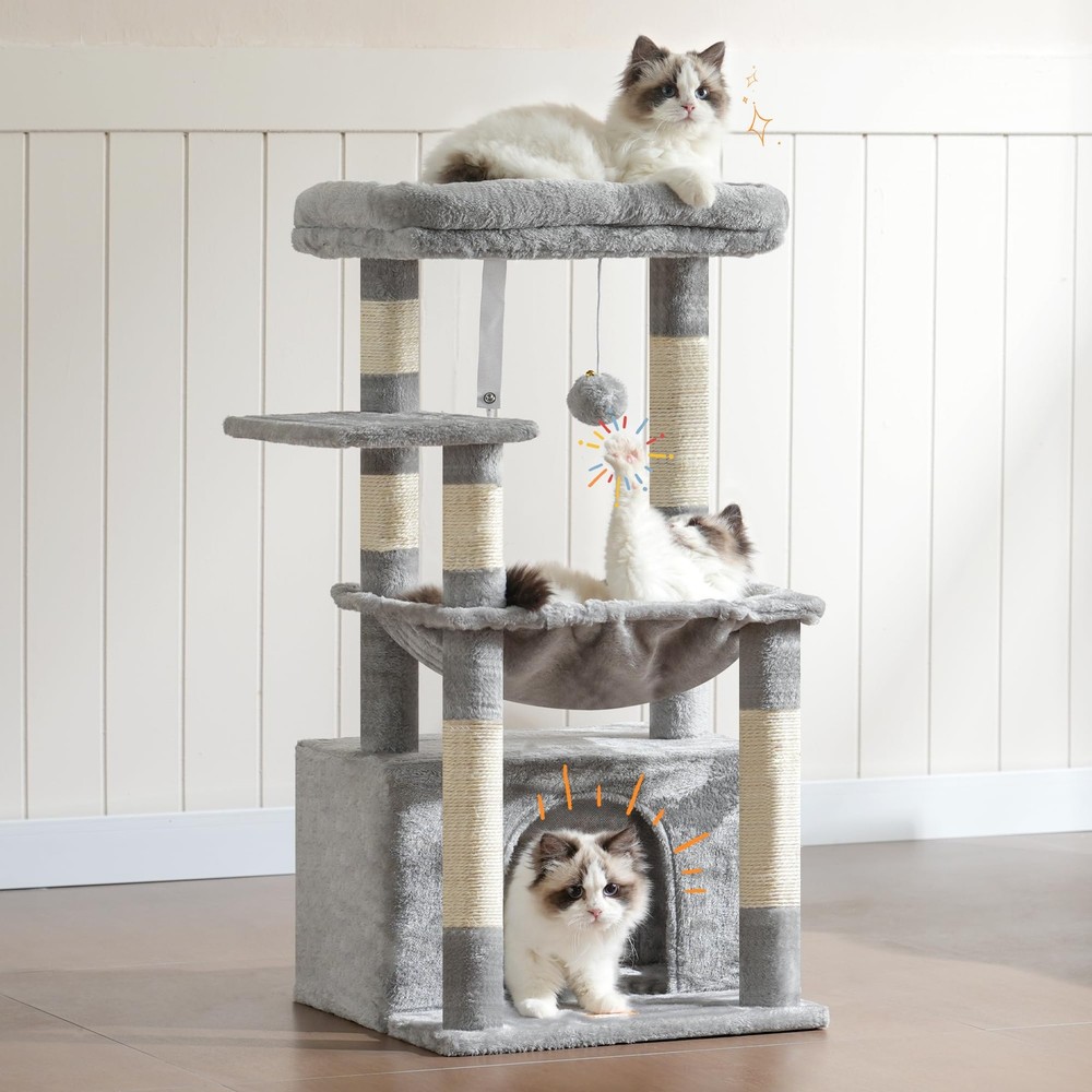 Cat Tree, Kitten Tower with Large Soft Cat Basket, Cat Condo with Spacious Ca...