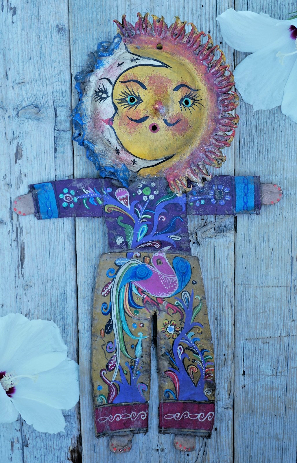 Sun Moon Face Man Hand Painted Handmade Canvas Coconut Guerrero Mexico Folk Art
