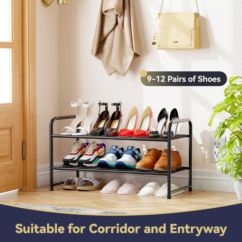2 Tier Shoe Rack Organizer for Closet, Stackble, Black Fast Ship