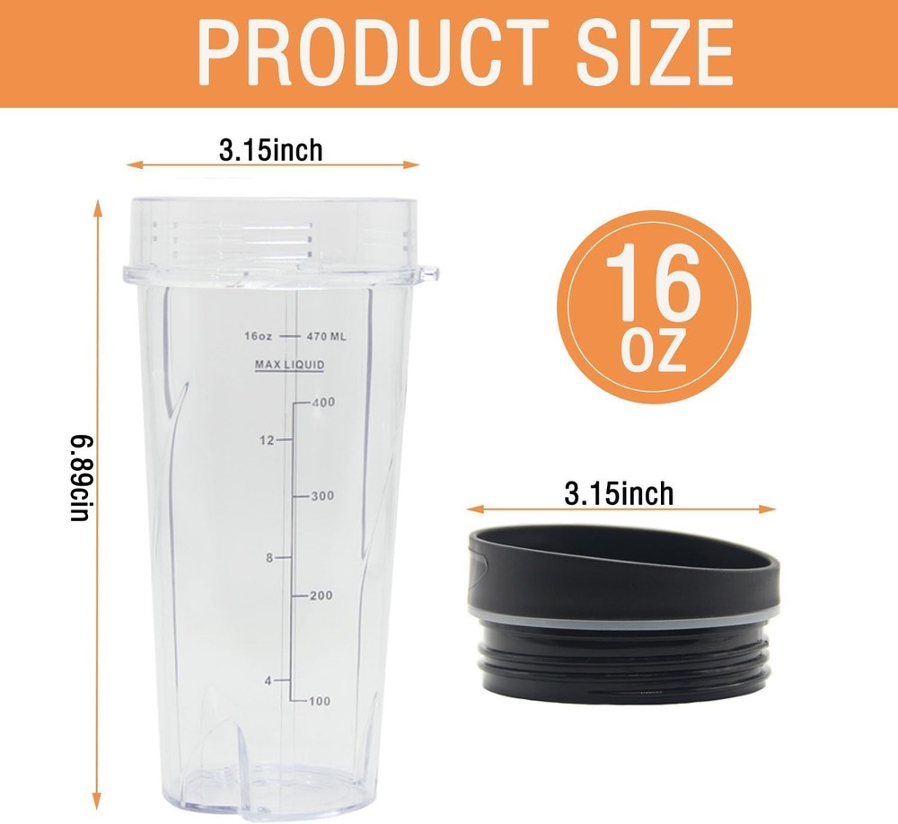 16oz Replacement Cups for Ninja QB3001SS, Replacement 16oz Blender Cup Compat...