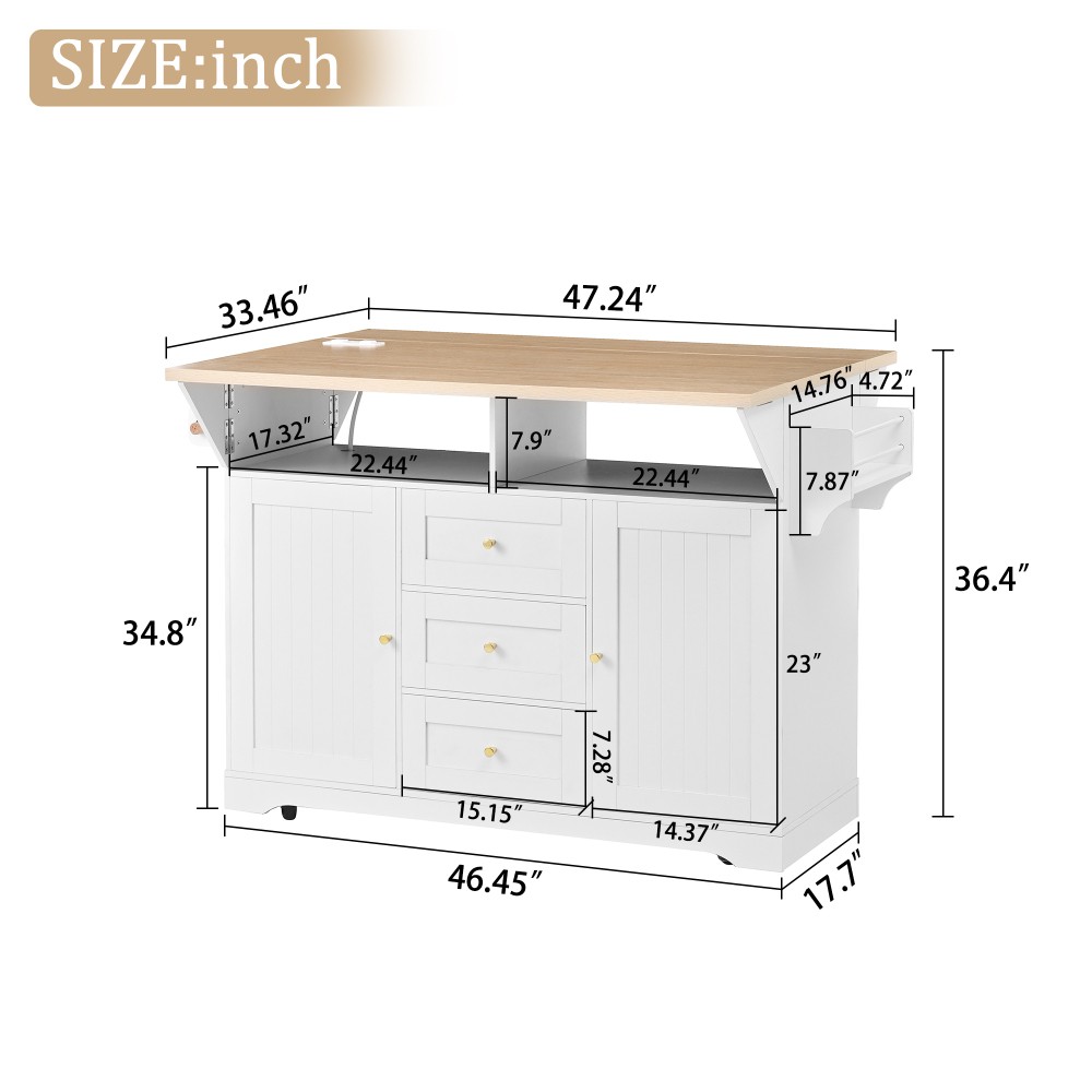 Kitchen Island w/ Power Outlet Wheels, Extendable Dining Table Storage White