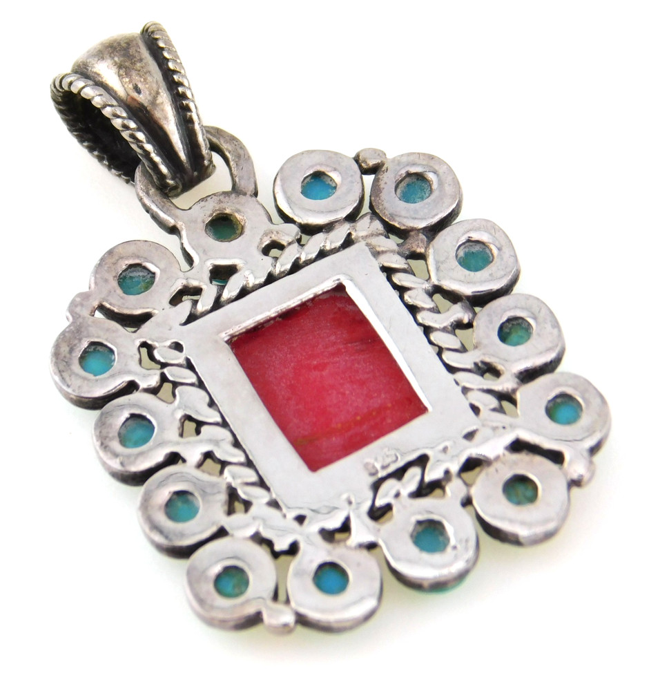 Bohemian Boho 925 Sterling Silver Turquoise & Ruby Pendant