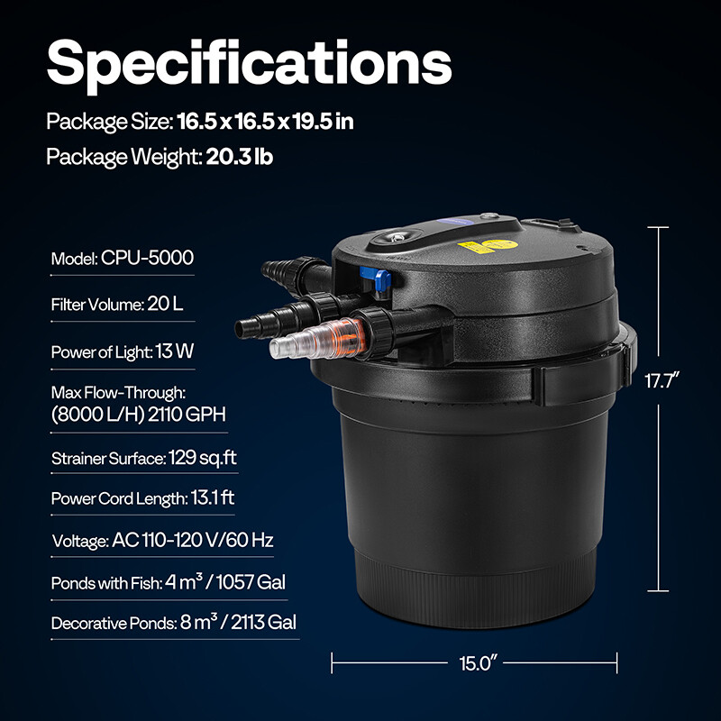 2110GPH Auto-Cleaning Pressurized Bio Pond Filter & 13W Light Timer for Koi Pond