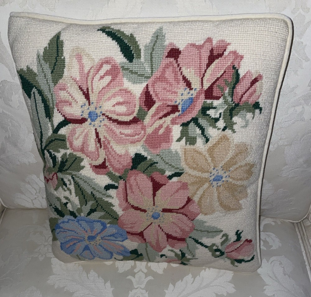 Vintage Needlepoint Flower Pattern 14 x 13 Pillow.