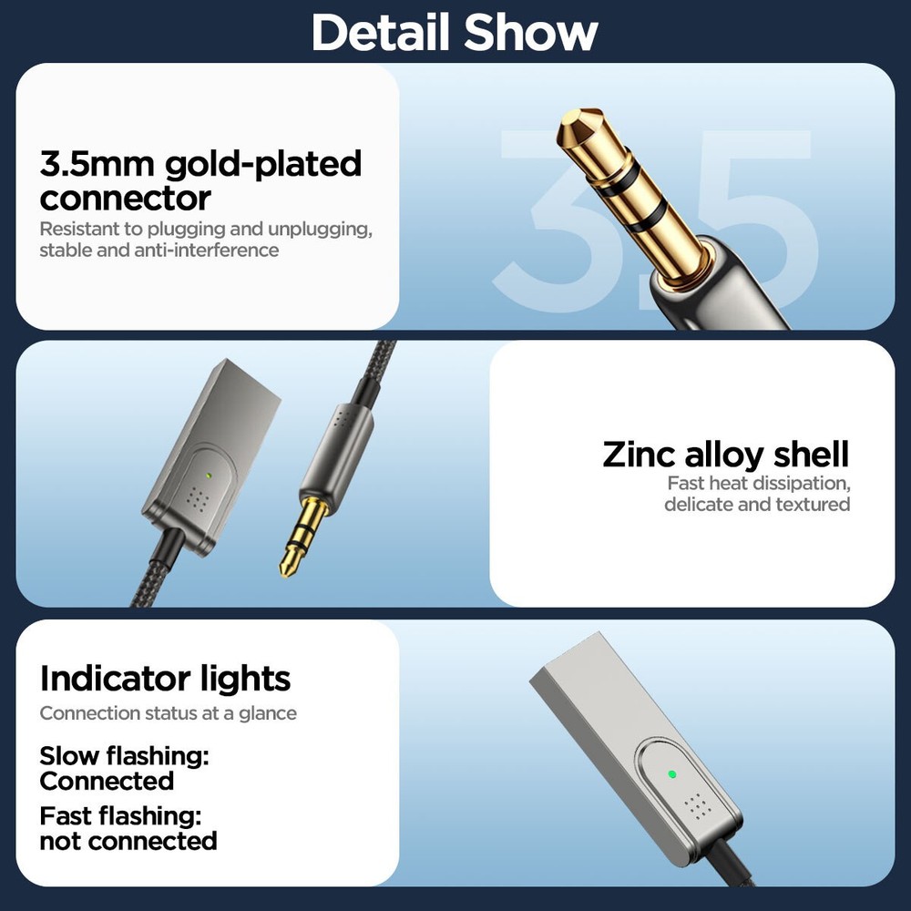 Aux to Bluetooth 5.1 Adapter 3.5mm Bluetooth Receiver Microphone for Car Speaker