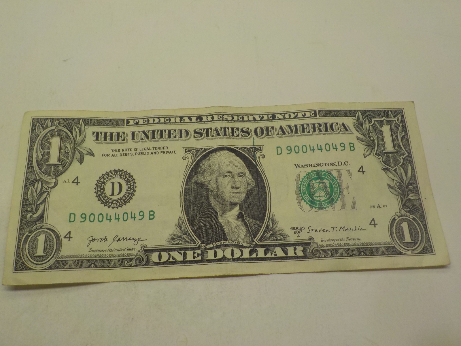 TRINARY GREEN INK DRIP ERROR D90044049B $1 ONE DOLLAR BILL FANCY SERIAL NUMBER
