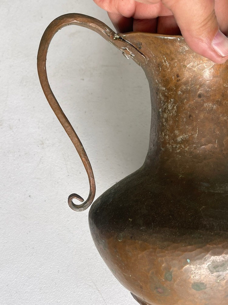 Antique Hammered Copper Pitcher with Scrolled Handle