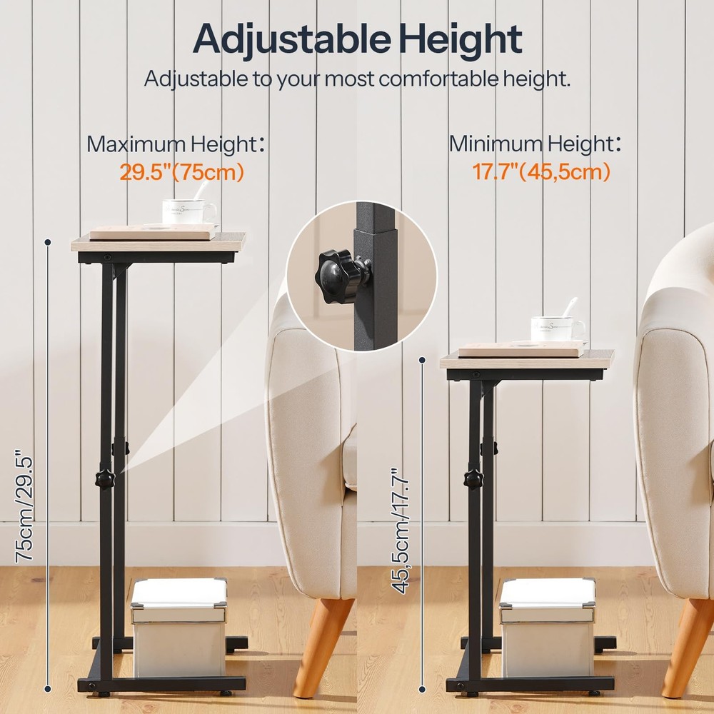 C Shaped End Table, Adjustable Height Side Table for Sofa, Couch Table for Sm...