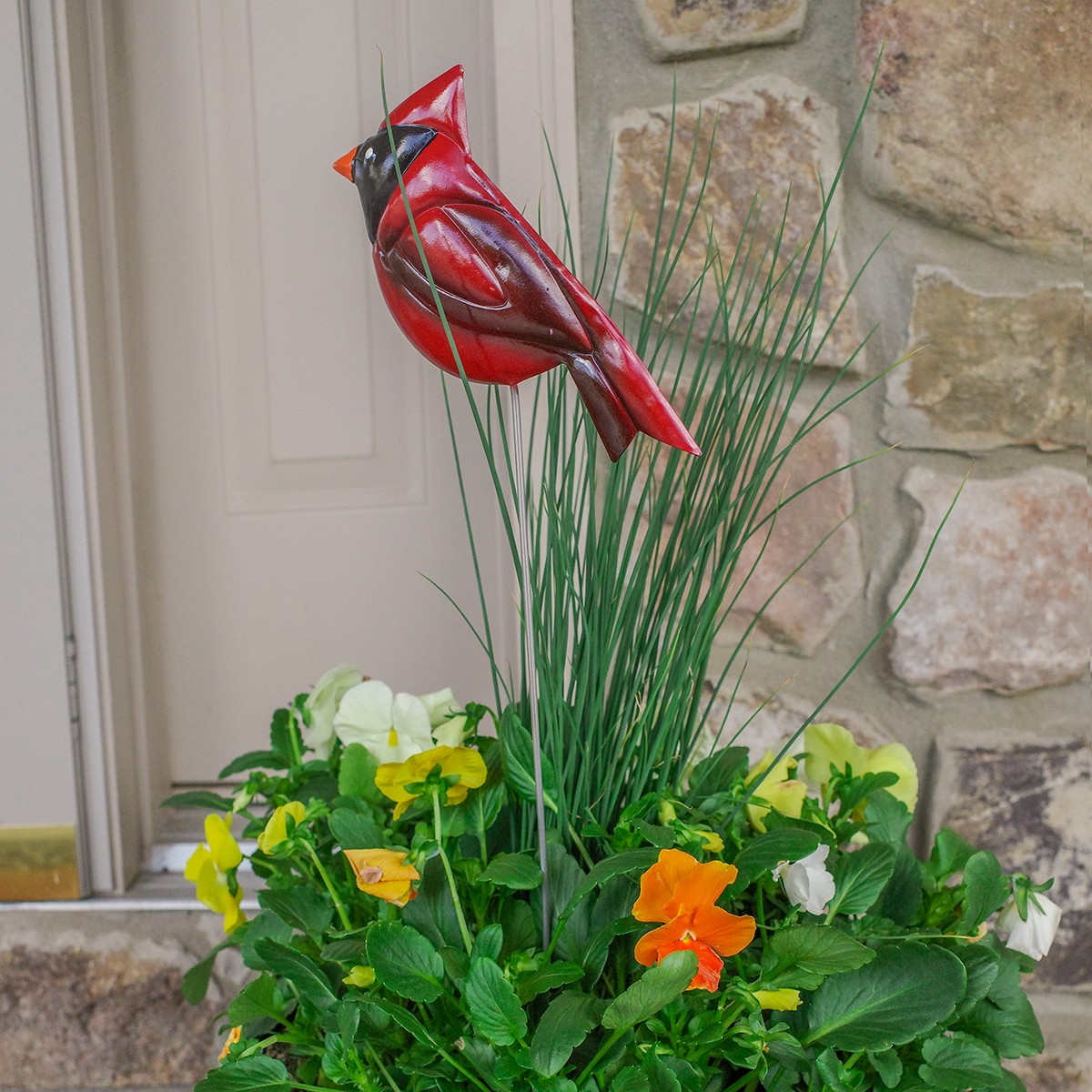 Red Cardinal Pot Plant Stake Painted Metal Bird 3D Yard Art Outdoor Garden Decor
