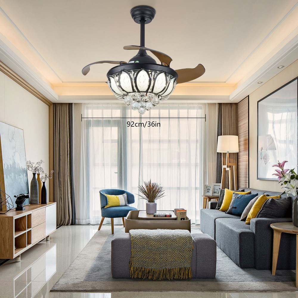 Retractable Fan Ceiling Light K9 Crystal 3color Ceiling Fan Light Remote Control