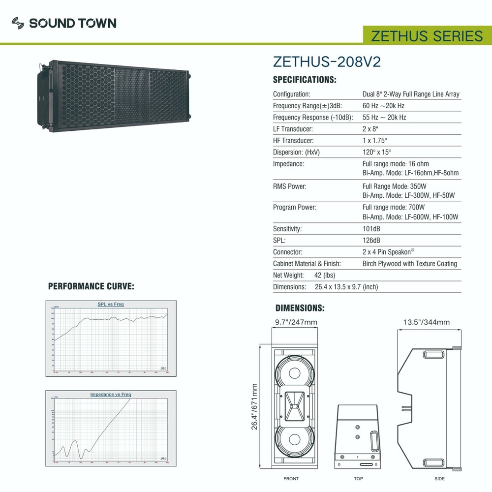 Sound Town 2 x 8” Line Array Speaker Full Range/Bi-amp Switchable ZETHUS-208BV2