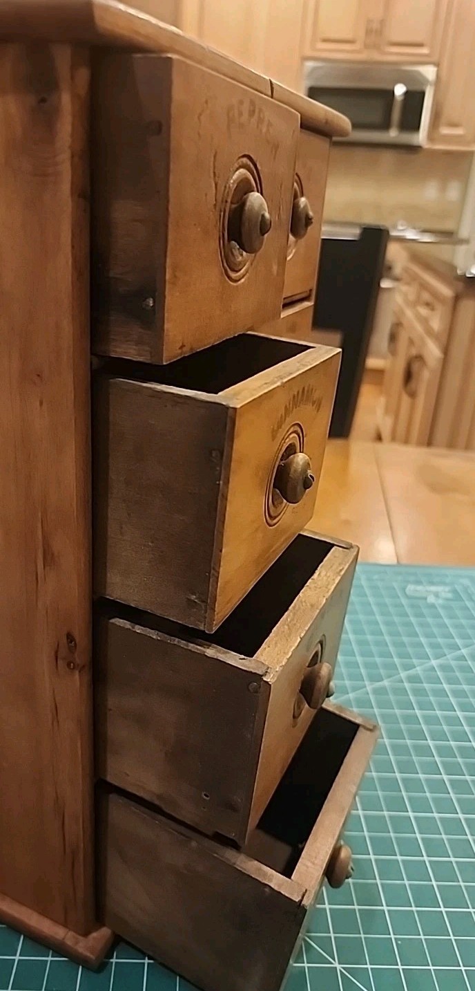 ANTIQUE PRIMITIVE HANGING SPICE CABINET w/ 8 STENCILED DRAWERS - gw!